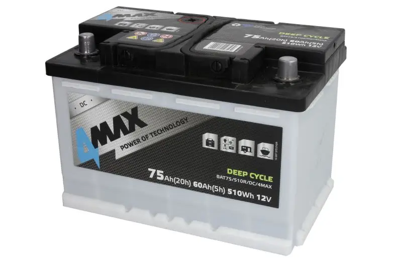 Akumulator 4MAX 12V 75Ah DEEP-CYCLE (P+ biegun standardowy) 278x175x190 B13 - stopka o wysokości 10,5 mm (głębokiego rozładowania) – BAT75/510R/DC/4MAX
