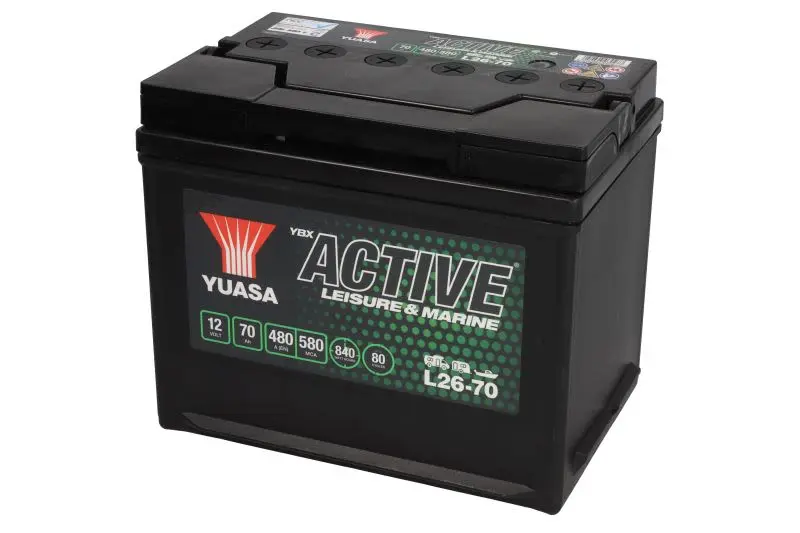 Akumulator YUASA 12V 70Ah/480A Active Leisure & Marine (L+ biegun standardowy) 260x174x225 B9 - stopka o wysokości 29 mm (głębokiego rozładowania/rozruchowo-zasilający) – L26-70