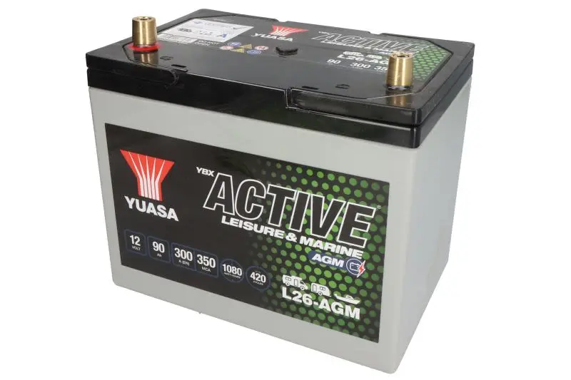 Akumulator YUASA 12V 90Ah/300A Active Leisure & Marine AGM (L+ biegun standardowy) 259x168x232 B00 - brak stopki mocującej (agm/głębokiego rozładowania/rozruchowo-zasilający) – L26-AGM