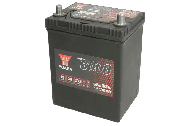 Akumulator YUASA 12V 30Ah/300A YBX3000 SMF (P+ biegun cienki (pojazdy japońskie)) 167x129x223 B00 - brak stopki mocującej (rozruchowy) – YBX3009