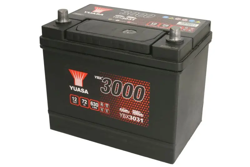 Akumulator YUASA 12V 72Ah/630A YBX3000 SMF (L+ biegun standardowy) 260x174x225 B00 - brak stopki mocującej (rozruchowy) – YBX3031
