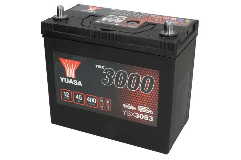 Akumulator YUASA 12V 45Ah/400A YBX3000 SMF (P+ biegun cienki (pojazdy japońskie) + biegun standardowy) 238x129x225 B00 - brak stopki mocującej (rozruchowy) – YBX3053