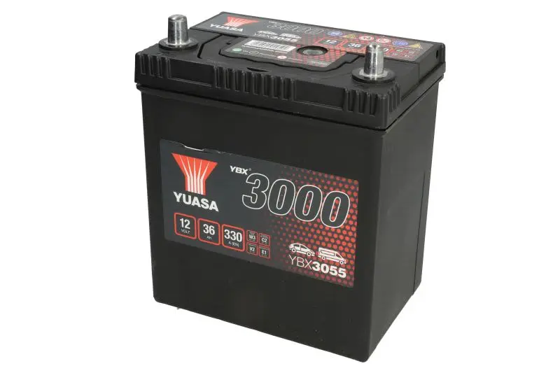 Akumulator YUASA 12V 36Ah/330A YBX3000 SMF (L+ biegun standardowy) 187x127x227 B00 - brak stopki mocującej (rozruchowy) – YBX3055