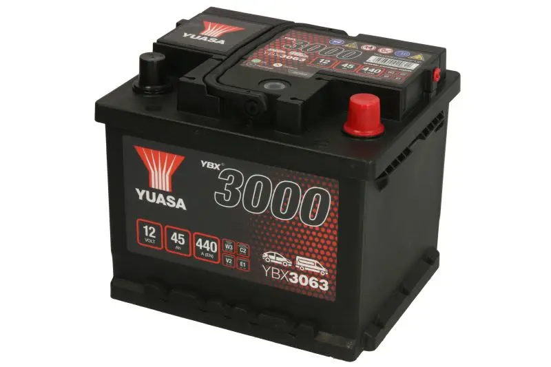 Akumulator YUASA 12V 45Ah/440A YBX3000 SMF (P+ biegun standardowy) 207x175x175 B13 - stopka o wysokości 10,5 mm (rozruchowy) – YBX3063