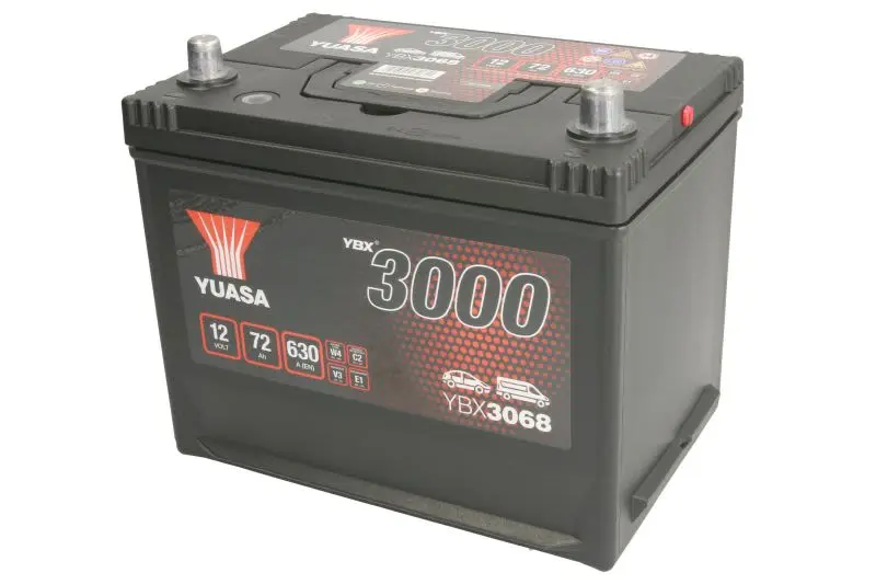 Akumulator YUASA 12V 72Ah/630A YBX3000 SMF (P+ biegun standardowy) 269x174x223 B9 - stopka o wysokości 29 mm (rozruchowy) – YBX3068
