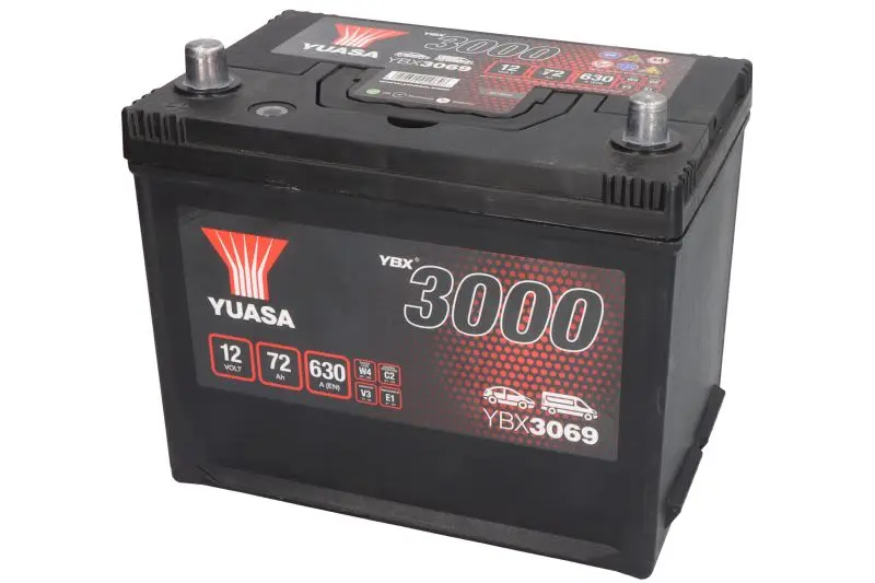 Akumulator YUASA 12V 72Ah/630A YBX3000 SMF (L+ biegun standardowy) 269x174x223 B9 - stopka o wysokości 29 mm (rozruchowy) – YBX3069