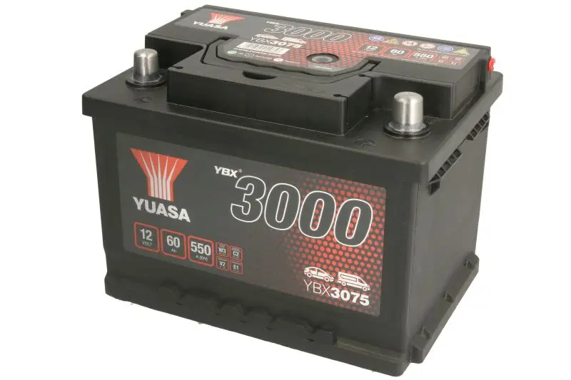Akumulator YUASA 12V 60Ah/550A YBX3000 SMF (P+ biegun standardowy) 243x175x175 B13 - stopka o wysokości 10,5 mm (rozruchowy) – YBX3075