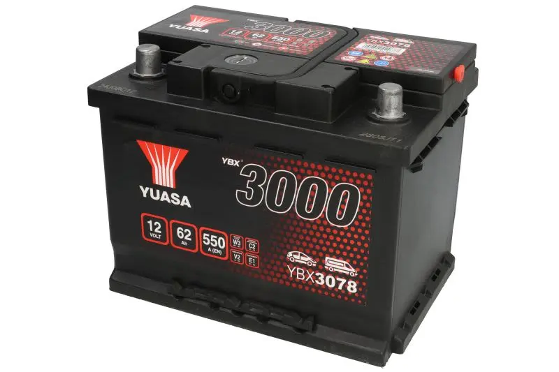 Akumulator YUASA 12V 62Ah/550A YBX3000 SMF (L+ biegun standardowy) 243x175x190 B03 - stopka o wysokości 10,5 mm (rozruchowy) – YBX3078
