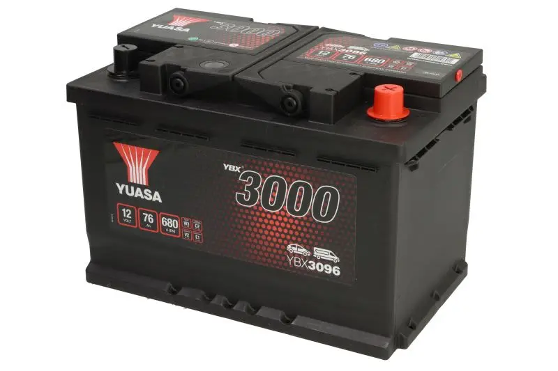 Akumulator YUASA 12V 76Ah/680A YBX3000 SMF (P+ biegun standardowy) 278x175x190 B03 - stopka o wysokości 10,5 mm (rozruchowy) – YBX3096