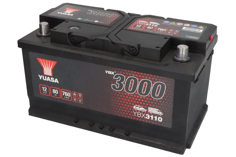 Akumulator YUASA 12V 80Ah/760A YBX3000 SMF (P+ biegun standardowy) 317x175x175 B03 - stopka o wysokości 10,5 mm (rozruchowy) – YBX3110