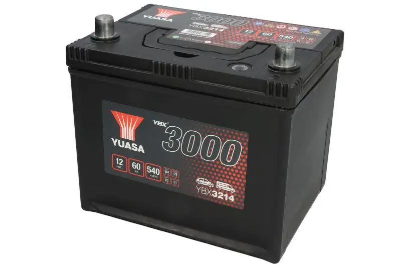 Akumulator YUASA 12V 60Ah/540A YBX3000 SMF (L+ biegun standardowy) 230x174x205 B01 - stopka o wysokości 10,5 mm (rozruchowy) – YBX3214