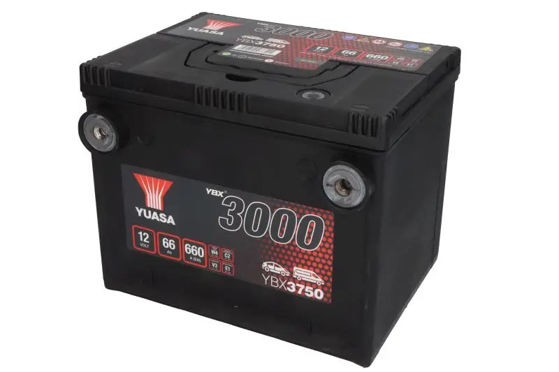 Akumulator YUASA 12V 66Ah/660A YBX3000 SMF (L+ biegun standardowy) 230x179x185 B01 - stopka o wysokości 10,5 mm (rozruchowy) – YBX3750
