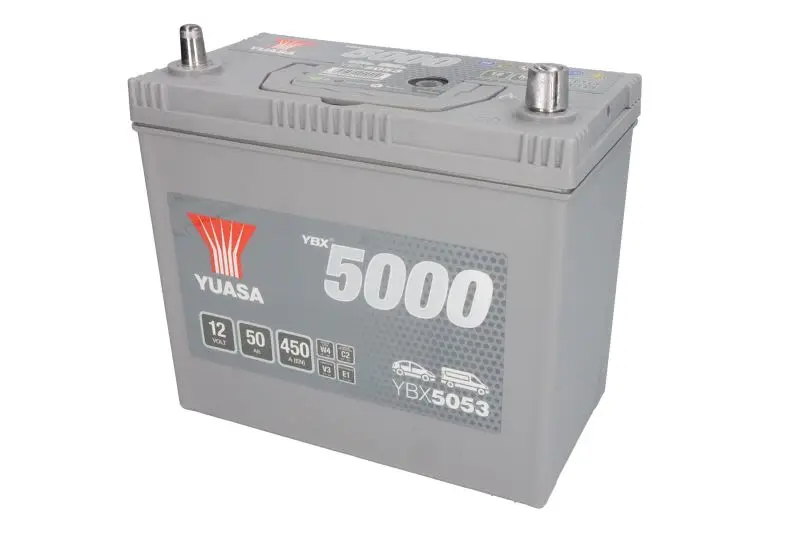 Akumulator YUASA 12V 50Ah/450A YBX5000 Silver High Performance SMF (P+ biegun cienki (pojazdy japońskie)) 238x129x223 B00 - brak stopki mocującej (rozruchowy) – YBX5053