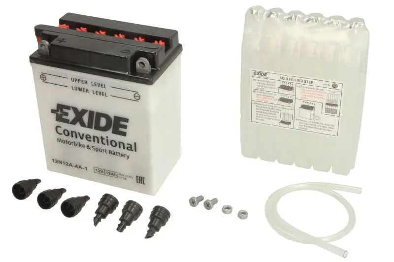 Akumulator Kwasowy/Rozruchowy/Suchoładowany z elektrolitem (ograniczona sprzedaż konsumencka) EXIDE 12V 12Ah 115A L+ Obsługowy elektrolit w zestawie 135x80x160mm Suchoładowany z elektrolitem 12N12A-4A – 12N12A-4A-1 EXIDE