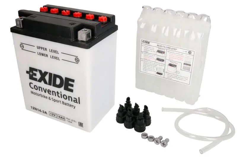 Akumulator Kwasowy/Rozruchowy/Suchoładowany z elektrolitem (ograniczona sprzedaż konsumencka) EXIDE 12V 14Ah 130A P+ Obsługowy elektrolit w zestawie 135x90x165mm Suchoładowany z elektrolitem 12N14-3A – 12N14-3A EXIDE