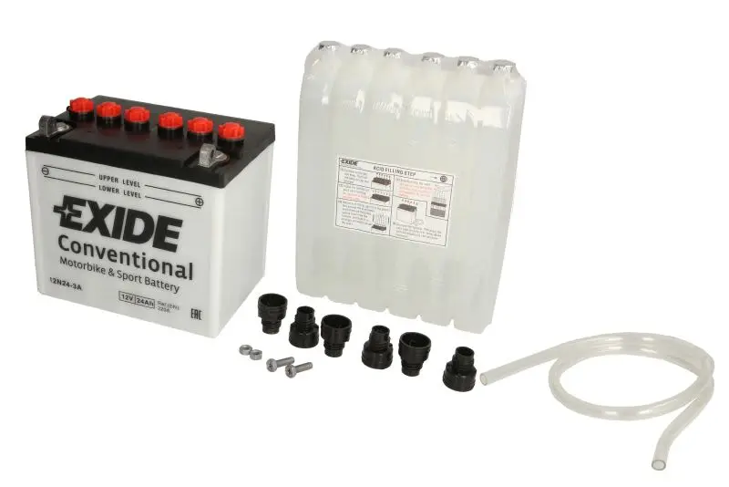 Akumulator Kwasowy/Obsługowy/Rozruchowy (ograniczona sprzedaż konsumencka) EXIDE 12V 24Ah 220A P+ Obsługowy elektrolit w zestawie 185x125x175mm Suchoładowany z elektrolitem 12N24-3A – 12N24-3A EXIDE