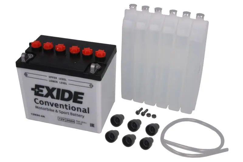 Akumulator Kwasowy/Obsługowy/Rozruchowy (ograniczona sprzedaż konsumencka) EXIDE 12V 24Ah 220A L+ Obsługowy elektrolit w zestawie 185x125x175mm Suchoładowany z elektrolitem 12N24-4A – 12N24-4A EXIDE