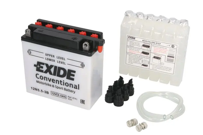 Akumulator Kwasowy/Rozruchowy/Suchoładowany z elektrolitem (ograniczona sprzedaż konsumencka) EXIDE 12V 6Ah 45A P+ Obsługowy elektrolit w zestawie 135x60x130mm Suchoładowany z elektrolitem 12N5.5-3B p – 12N5.5-3B EXIDE