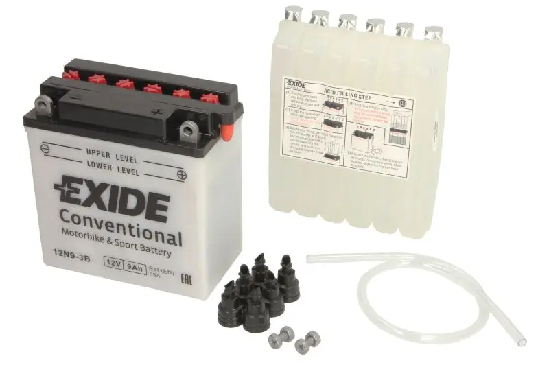 Akumulator Kwasowy/Rozruchowy/Suchoładowany z elektrolitem (ograniczona sprzedaż konsumencka) EXIDE 12V 9Ah 85A P+ Obsługowy elektrolit w zestawie 135x75x140mm Suchoładowany z elektrolitem 12N9-3B pas – 12N9-3B EXIDE