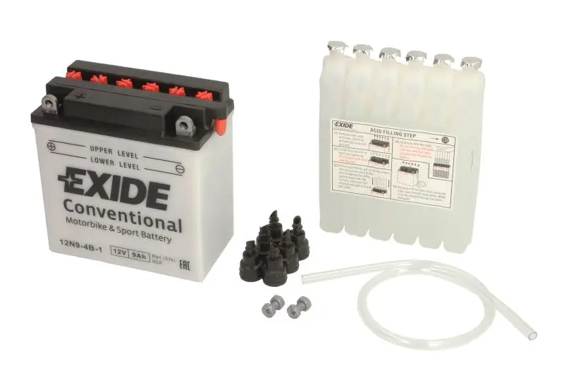 Akumulator Kwasowy/Rozruchowy/Suchoładowany z elektrolitem (ograniczona sprzedaż konsumencka) EXIDE 12V 9Ah 85A L+ Obsługowy elektrolit w zestawie 135x75x140mm Suchoładowany z elektrolitem 12N9-4B-1 p – 12N9-4B-1 EXIDE