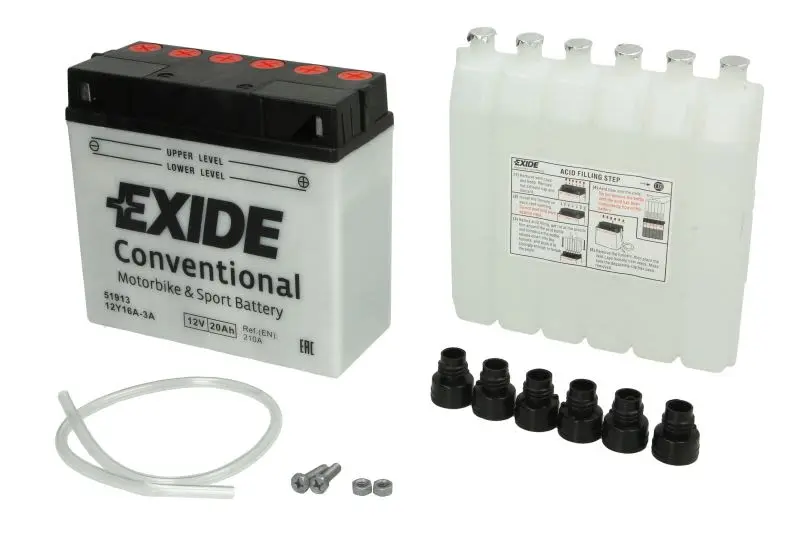 Akumulator Kwasowy/Rozruchowy/Suchoładowany z elektrolitem (ograniczona sprzedaż konsumencka) EXIDE 12V 20Ah 210A P+ Obsługowy elektrolit w zestawie 185x80x170mm Suchoładowany z elektrolitem 12Y16A-3A – 12Y16A-3A 51913 EXIDE