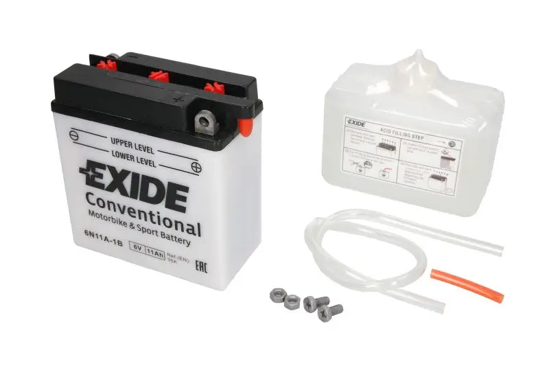 Akumulator Kwasowy/Rozruchowy/Suchoładowany z elektrolitem (ograniczona sprzedaż konsumencka) EXIDE 6V 11Ah 95A P+ Obsługowy elektrolit w zestawie 120x60x130mm Suchoładowany z elektrolitem 6N11A-1B pa – 6N11A-1B EXIDE