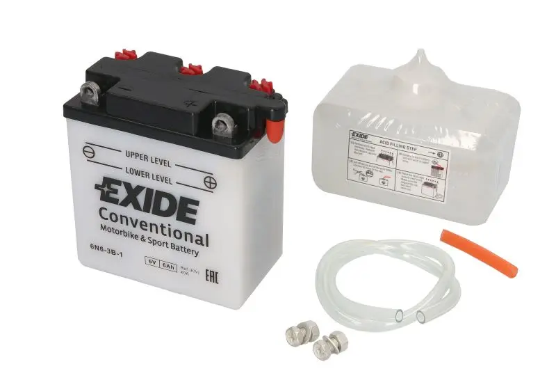 Akumulator Kwasowy/Rozruchowy/Suchoładowany z elektrolitem (ograniczona sprzedaż konsumencka) EXIDE 6V 6Ah 40A P+ Obsługowy elektrolit w zestawie 100x55x110mm Suchoładowany z elektrolitem 6N6-3B-1 pas – 6N6-3B-1 EXIDE