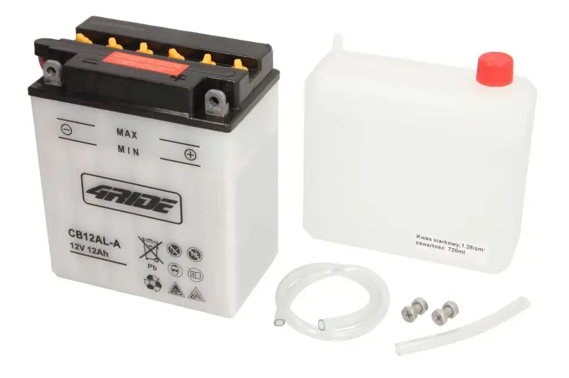 Akumulator Kwasowy/Rozruchowy/Suchoładowany z elektrolitem (ograniczona sprzedaż konsumencka) 4 RIDE 12V 12Ah 165A P+ Obsługowy elektrolit w zestawie 136x82x162mm Suchoładowany z elektrolitem CB12AL-A – CB12AL-A 4RIDE