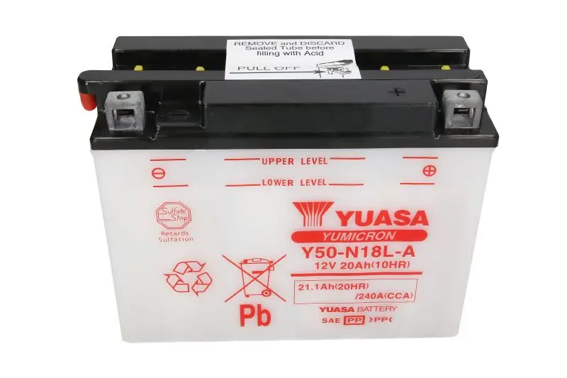 Akumulator Kwasowy/Rozruchowy YUASA 12V 21Ah 240A P+ Obsługowy 205x90x162mm Suchoładowany bez elektrolitu wymagana ilość elektrolitu 1,4l Y50-N18L-A – Y50-N18L-A YUASA