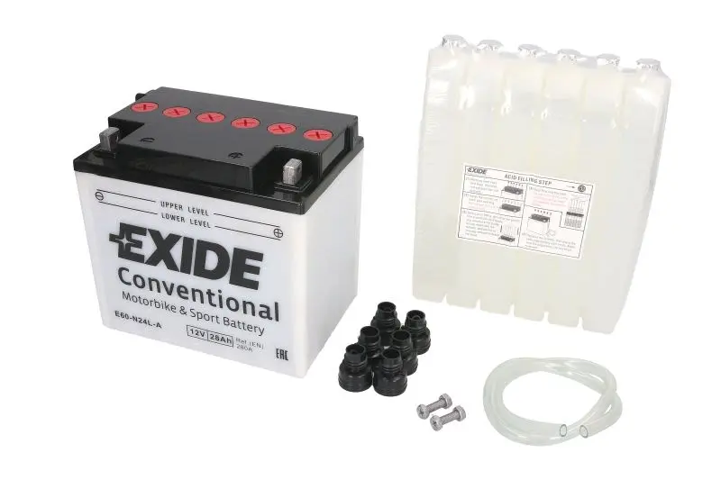 Akumulator Kwasowy/Rozruchowy/Suchoładowany z elektrolitem (ograniczona sprzedaż konsumencka) EXIDE 12V 28Ah 280A P+ Obsługowy elektrolit w zestawie 185x125x175mm Suchoładowany z elektrolitem Y60-N24L – Y60-N24L-A EXIDE