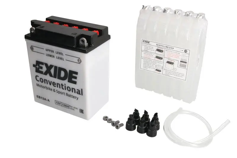 Akumulator Kwasowy/Rozruchowy/Suchoładowany z elektrolitem (ograniczona sprzedaż konsumencka) EXIDE 12V 12Ah 165A L+ Obsługowy elektrolit w zestawie 134x80x160mm Suchoładowany z elektrolitem YB12A-A p – YB12A-A EXIDE