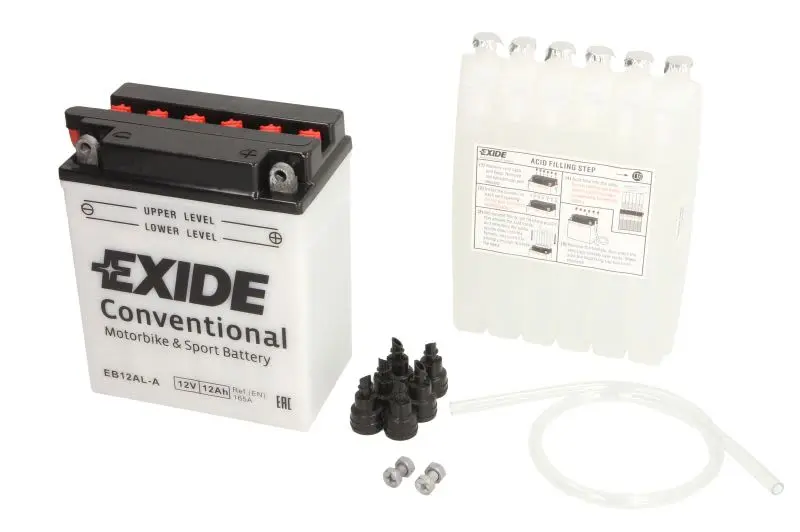 Akumulator Kwasowy/Rozruchowy/Suchoładowany z elektrolitem (ograniczona sprzedaż konsumencka) EXIDE 12V 12Ah 165A P+ Obsługowy elektrolit w zestawie 134x80x160mm Suchoładowany z elektrolitem YB12AL-A – YB12AL-A EXIDE