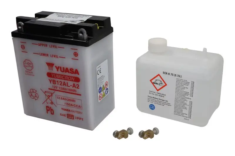 Akumulator Kwasowy/Rozruchowy YUASA 12V 12,6Ah 150A P+ Obsługowy elektrolit w zestawie 134x80x160mm Suchoładowany z elektrolitem wymagana ilość elektrolitu 0,75l YB12AL-A2 – YB12AL-A2 YUASA+ELEKTROLI