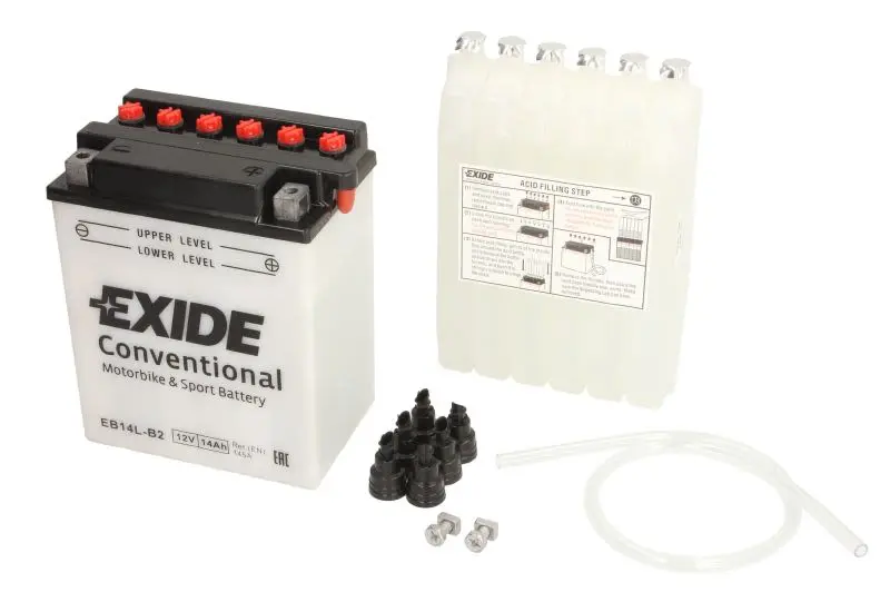 Akumulator Kwasowy/Rozruchowy/Suchoładowany z elektrolitem (ograniczona sprzedaż konsumencka) EXIDE 12V 14Ah 145A P+ Obsługowy elektrolit w zestawie 134x89x166mm Suchoładowany z elektrolitem YB14L-B2 – YB14L-B2 EXIDE