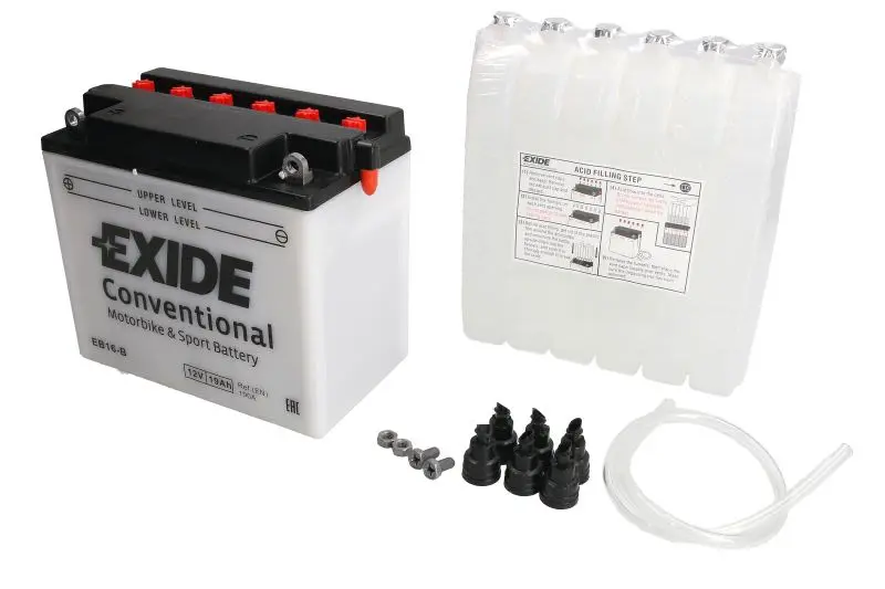 Akumulator Kwasowy/Rozruchowy/Suchoładowany z elektrolitem (ograniczona sprzedaż konsumencka) EXIDE 12V 19Ah 190A L+ Obsługowy elektrolit w zestawie 175x100x155mm Suchoładowany z elektrolitem YB16-B p – YB16-B EXIDE