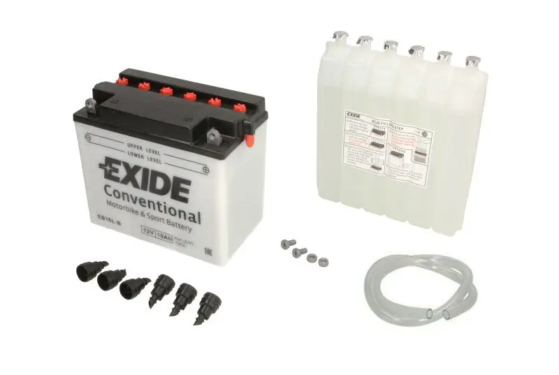 Akumulator Kwasowy/Rozruchowy/Suchoładowany z elektrolitem (ograniczona sprzedaż konsumencka) EXIDE 12V 19Ah 190A P+ Obsługowy elektrolit w zestawie 175x100x155mm Suchoładowany z elektrolitem YB16L-B – YB16L-B EXIDE