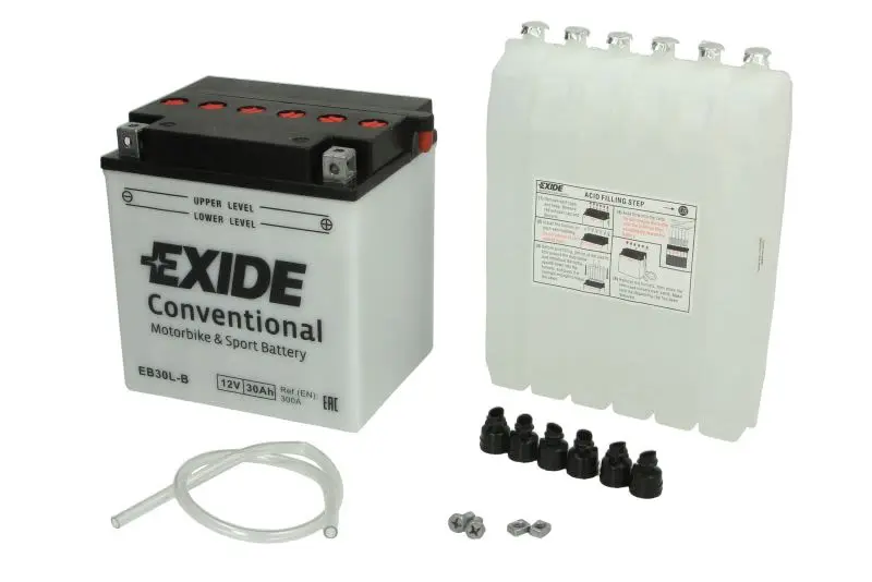 Akumulator Kwasowy/Rozruchowy/Suchoładowany z elektrolitem (ograniczona sprzedaż konsumencka) EXIDE 12V 30Ah 300A P+ Obsługowy elektrolit w zestawie 165x130x176mm Suchoładowany z elektrolitem YB30L-B – YB30L-B EXIDE