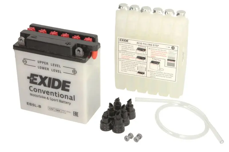 Akumulator Kwasowy/Rozruchowy/Suchoładowany z elektrolitem (ograniczona sprzedaż konsumencka) EXIDE 12V 5Ah 65A P+ Obsługowy elektrolit w zestawie 120x60x130mm Suchoładowany z elektrolitem YB5L-B pasu – YB5L-B EXIDE