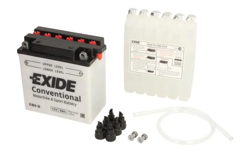 Akumulator Kwasowy/Rozruchowy/Suchoładowany z elektrolitem (ograniczona sprzedaż konsumencka) EXIDE 12V 9Ah 100A L+ Obsługowy elektrolit w zestawie 135x75x139mm Suchoładowany z elektrolitem YB9-B pasu – YB9-B EXIDE