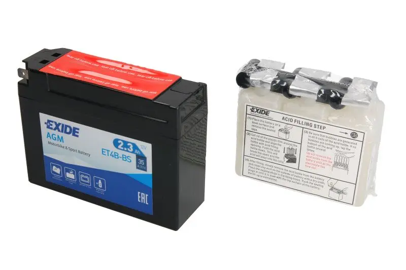 Akumulator AGM/Rozruchowy/Suchoładowany z elektrolitem (ograniczona sprzedaż konsumencka) EXIDE 12V 2,3Ah 35A L+ Bezobsługowy elektrolit w zestawie 113x38x85mm Suchoładowany z elektrolitem YT4B-BS pas – YT4B-BS EXIDE