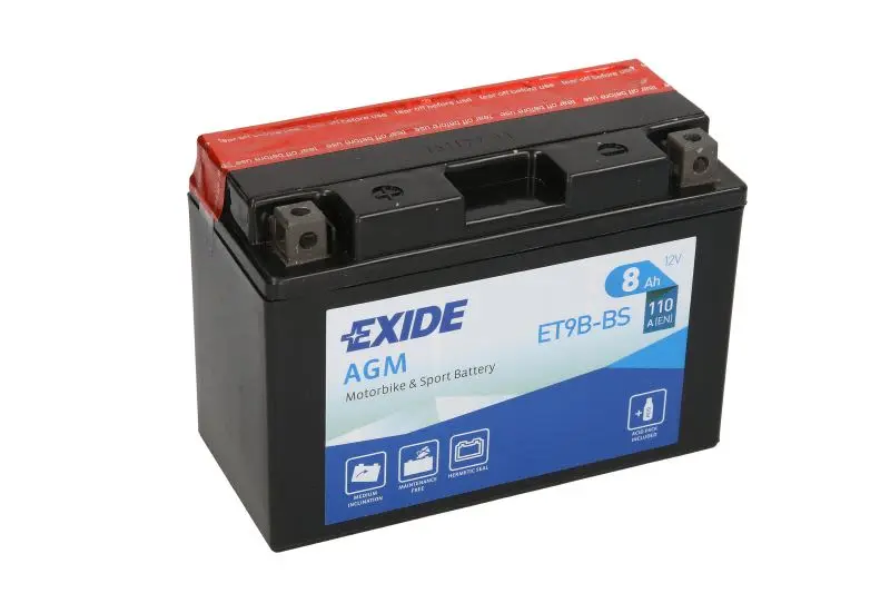 Akumulator AGM/Rozruchowy/Suchoładowany z elektrolitem (ograniczona sprzedaż konsumencka) EXIDE 12V 8Ah 110A L+ Bezobsługowy elektrolit w zestawie 150x70x105mm Suchoładowany z elektrolitem YT9B-BS pas – YT9B-BS EXIDE