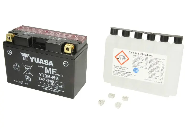 Akumulator AGM/Rozruchowy/Suchoładowany z elektrolitem (ograniczona sprzedaż konsumencka) YUASA 12V 8Ah 120A L+ Bezobsługowy elektrolit w zestawie 150x70x105mm Suchoładowany z elektrolitem YT9B-BS pas – YT9B-BS YUASA