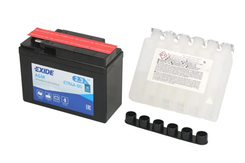 Akumulator AGM/Rozruchowy/Suchoładowany z elektrolitem (ograniczona sprzedaż konsumencka) EXIDE 12V 2,3Ah 35A P+ Bezobsługowy elektrolit w zestawie 113x48x85mm Suchoładowany z elektrolitem YTR4A-BS pa – YTR4A-BS EXIDE