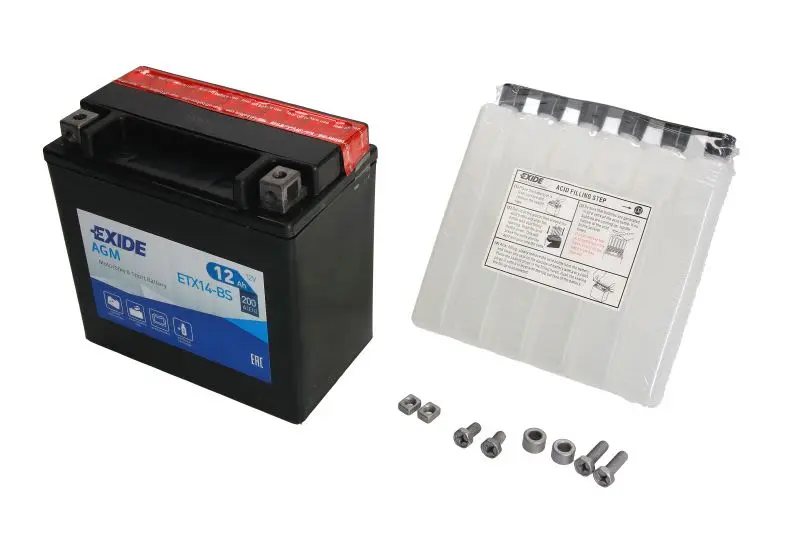 Akumulator AGM/Rozruchowy/Suchoładowany z elektrolitem (ograniczona sprzedaż konsumencka) EXIDE 12V 12Ah 200A L+ Bezobsługowy elektrolit w zestawie 150x87x145mm Suchoładowany z elektrolitem YTX14-BS p – YTX14-BS EXIDE