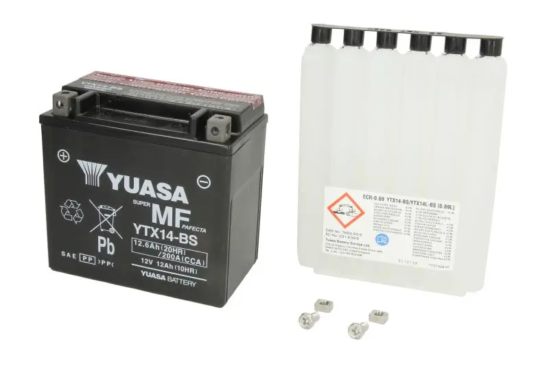 Akumulator AGM/Rozruchowy/Suchoładowany z elektrolitem (ograniczona sprzedaż konsumencka) YUASA 12V 13Ah 210A L+ Bezobsługowy elektrolit w zestawie 150x87x145mm Suchoładowany z elektrolitem YTX14-BS p – YTX14-BS YUASA