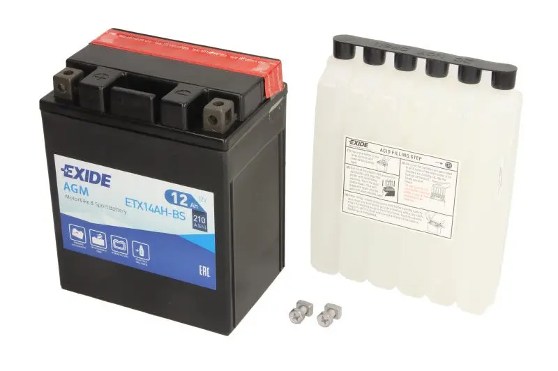 Akumulator AGM/Rozruchowy/Suchoładowany z elektrolitem (ograniczona sprzedaż konsumencka) EXIDE 12V 12Ah 210A L+ Bezobsługowy elektrolit w zestawie 134x89x164mm Suchoładowany z elektrolitem YTX14AH-BS – YTX14AH-BS EXIDE