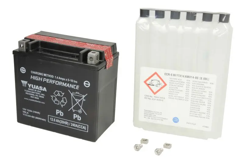Akumulator AGM/Rozruchowy/Suchoładowany z elektrolitem (ograniczona sprzedaż konsumencka) YUASA 12V 13Ah 240A L+ Bezobsługowy elektrolit w zestawie 150x87x145mm Suchoładowany z elektrolitem YTX14H-BS – YTX14H-BS YUASA