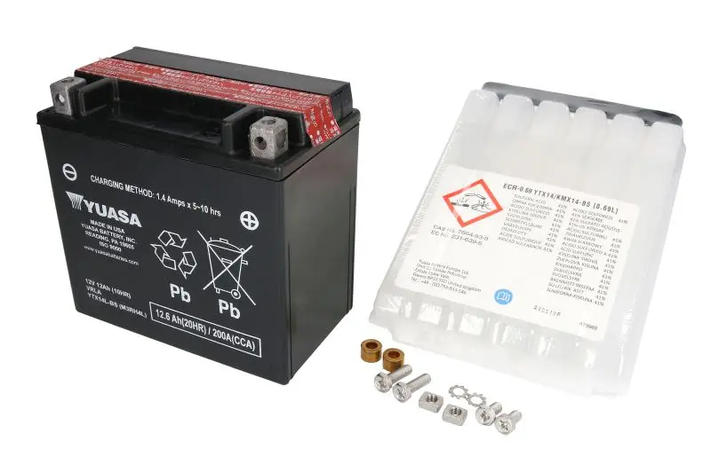 Akumulator AGM/Rozruchowy/Suchoładowany z elektrolitem (ograniczona sprzedaż konsumencka) YUASA 12V 13Ah 200A P+ Bezobsługowy elektrolit w zestawie 150x87x145mm Suchoładowany z elektrolitem YTX14L-BS – YTX14L-BS YUASA
