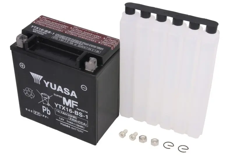 Akumulator AGM/Rozruchowy/Suchoładowany z elektrolitem (ograniczona sprzedaż konsumencka) YUASA 12V 15Ah 230A L+ Bezobsługowy elektrolit w zestawie 150x87x161mm Suchoładowany z elektrolitem YTX16-BS-1 – YTX16-BS-1 YUASA
