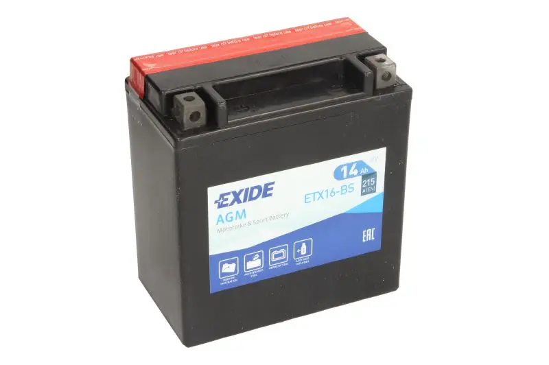 Akumulator AGM/Rozruchowy/Suchoładowany z elektrolitem (ograniczona sprzedaż konsumencka) EXIDE 12V 14Ah 215A L+ Bezobsługowy elektrolit w zestawie 150x87x161mm Suchoładowany z elektrolitem YTX16-BS p – YTX16-BS EXIDE